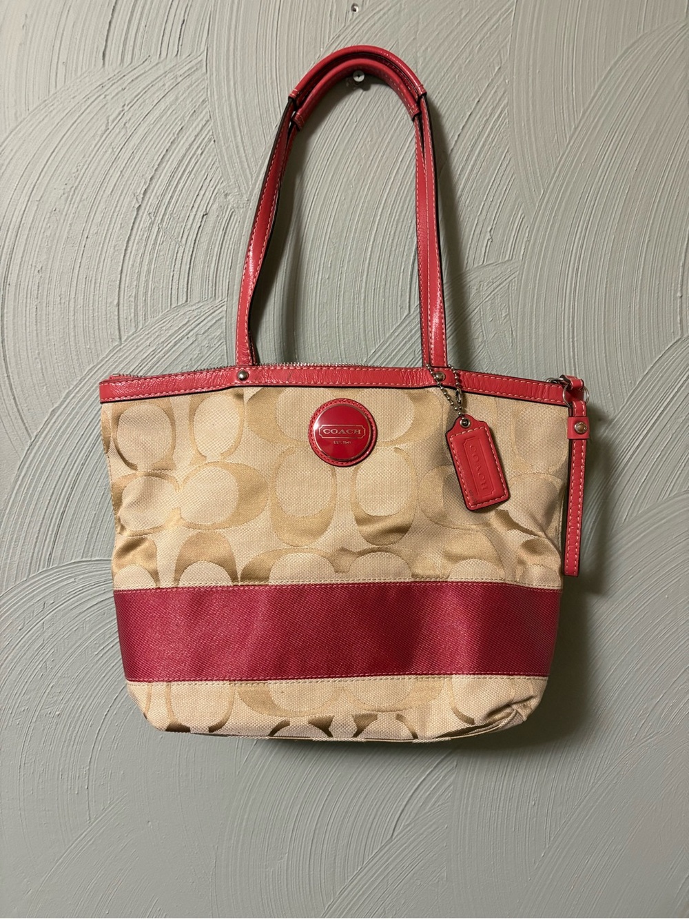 Coach Beige Signature Canvas Tote with Coral Trim